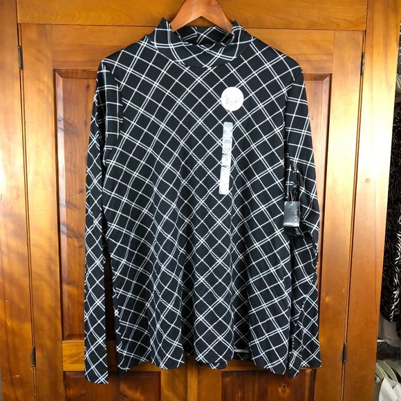 Kim Rogers Perfectly Soft Cotton Black & White Argyle Print Mock Neck Top - Picture 1 of 10